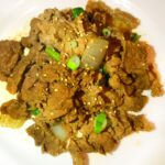 Pieces of marinated steak bulgogi.