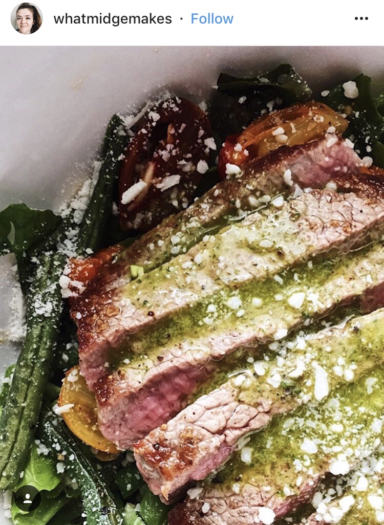 An Instagram post from whatmidgemakes showing steak with chimichurri sauce.