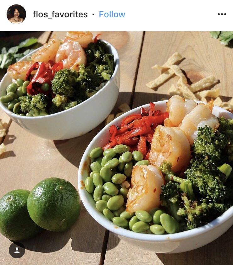 An Instagram post from flos_favorites showing two bowls with shrimp, lima beans, broccoli, and peppers.