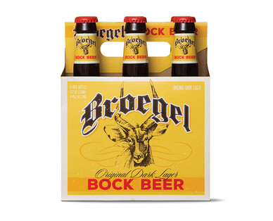 A six pack of Bock Beer in bottles.