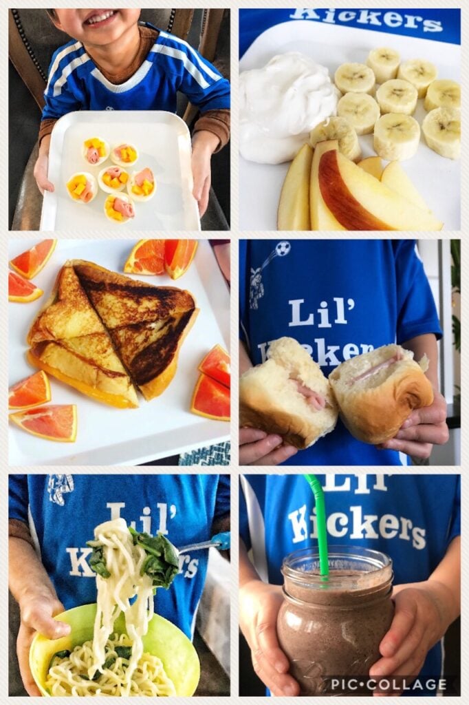 A collage of meals and snacks being held by kids.