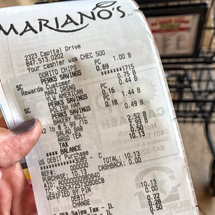 A Mariano's Receipt showing the ingredients for the ham sandwich and drink coming out to $10.13 total.