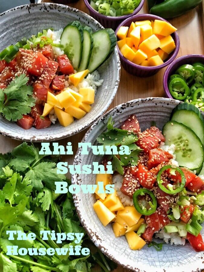 The words "Ahi Tuna Bowls" are written across images of Ahi Tuna bowls surrounding by the ingredients they're composed of. 