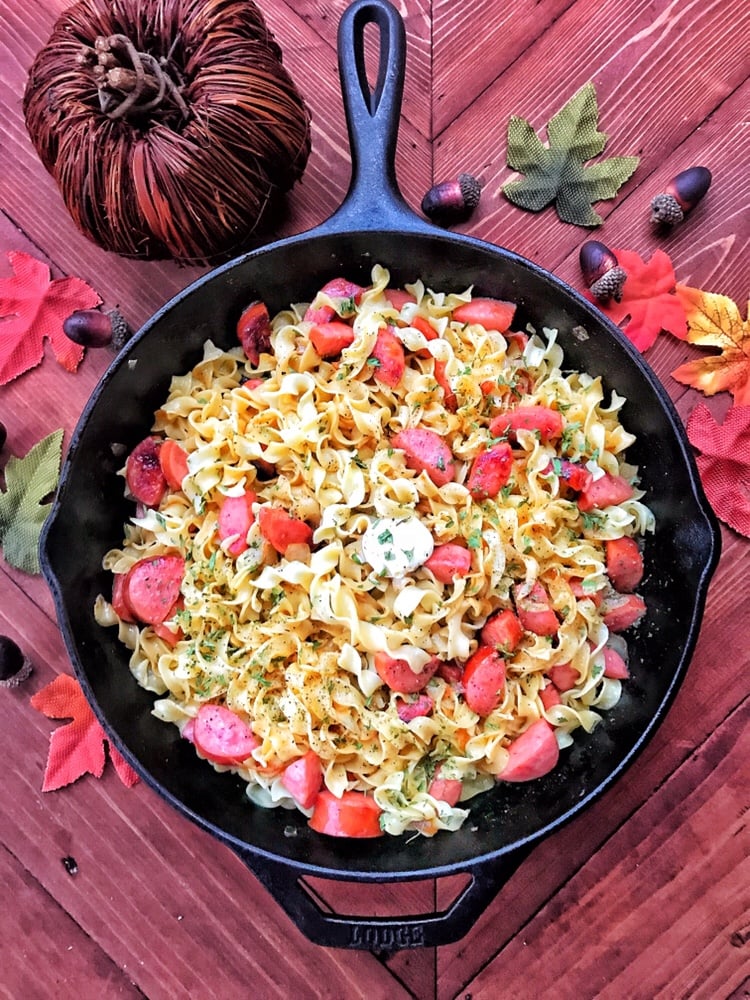 Smoked Sausage and Egg Noodles in a cast iron skillet