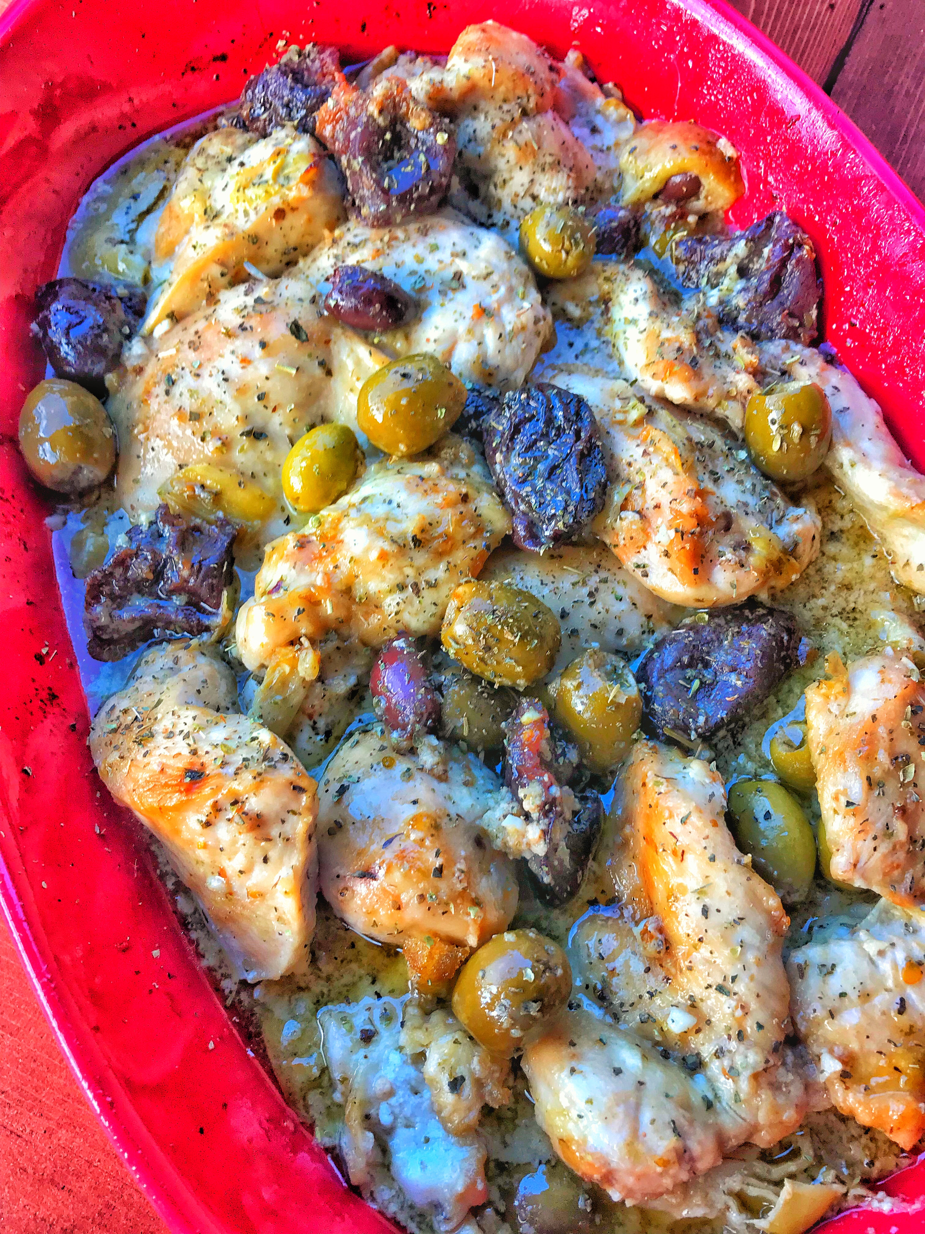 Chicken Mirabella in a red dish