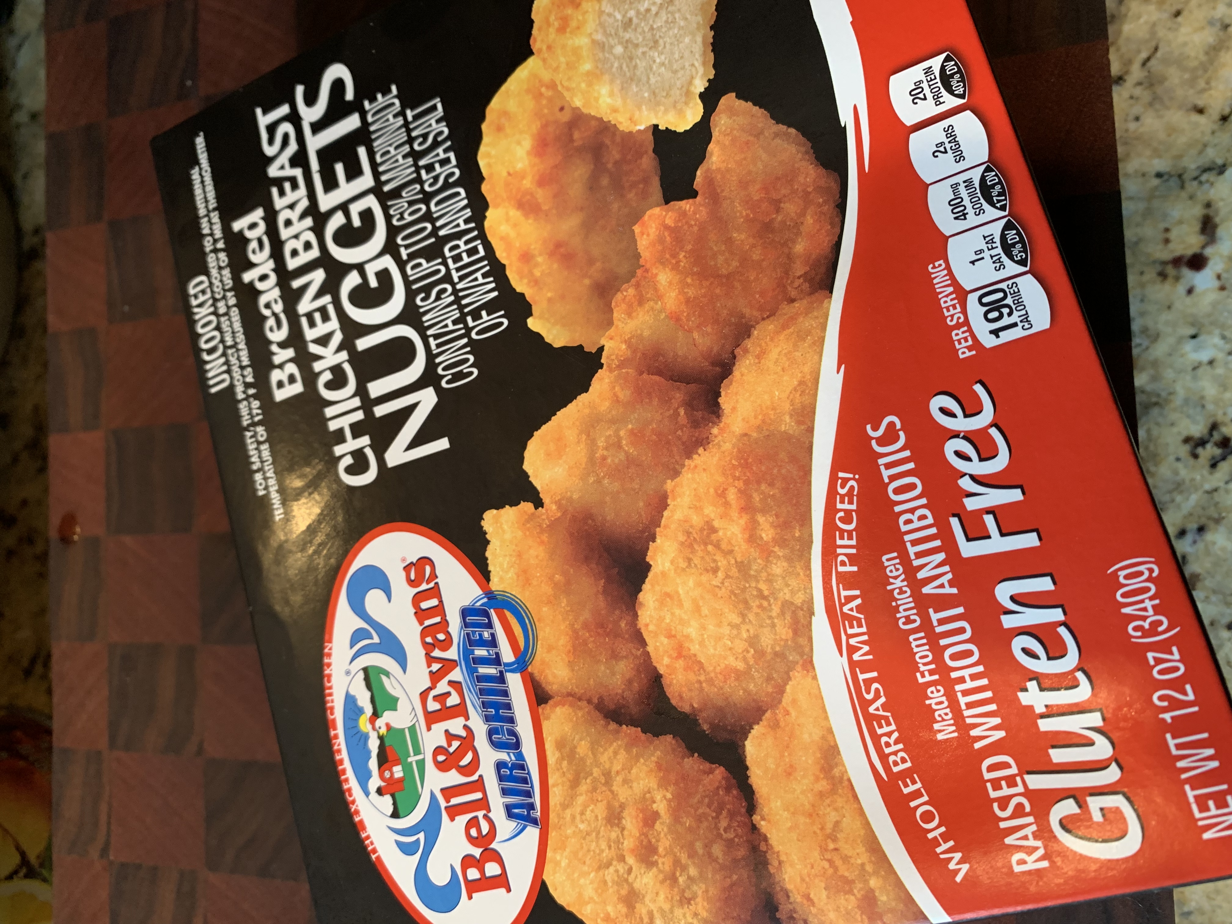 A package of Bell and Evans chicken nuggets