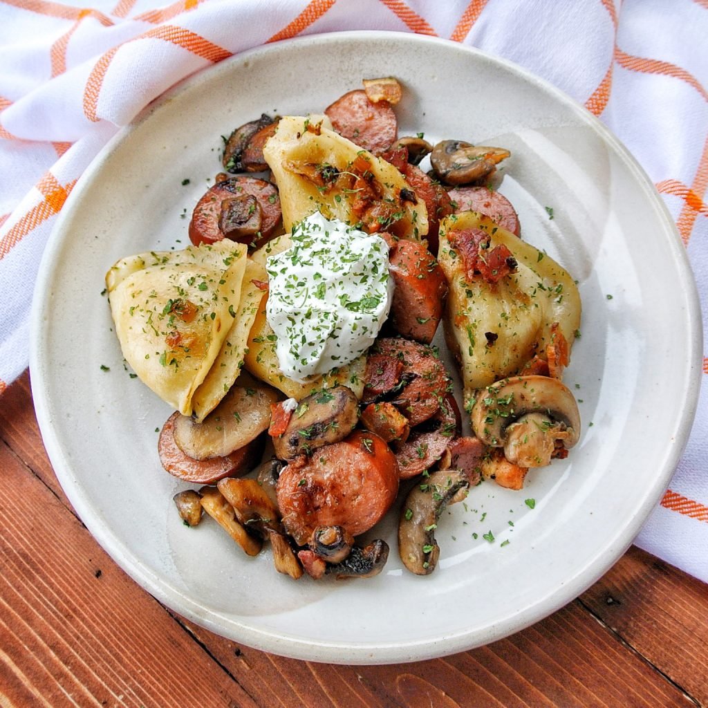 Pierogi, sausage, onions, and mushroom stir fry