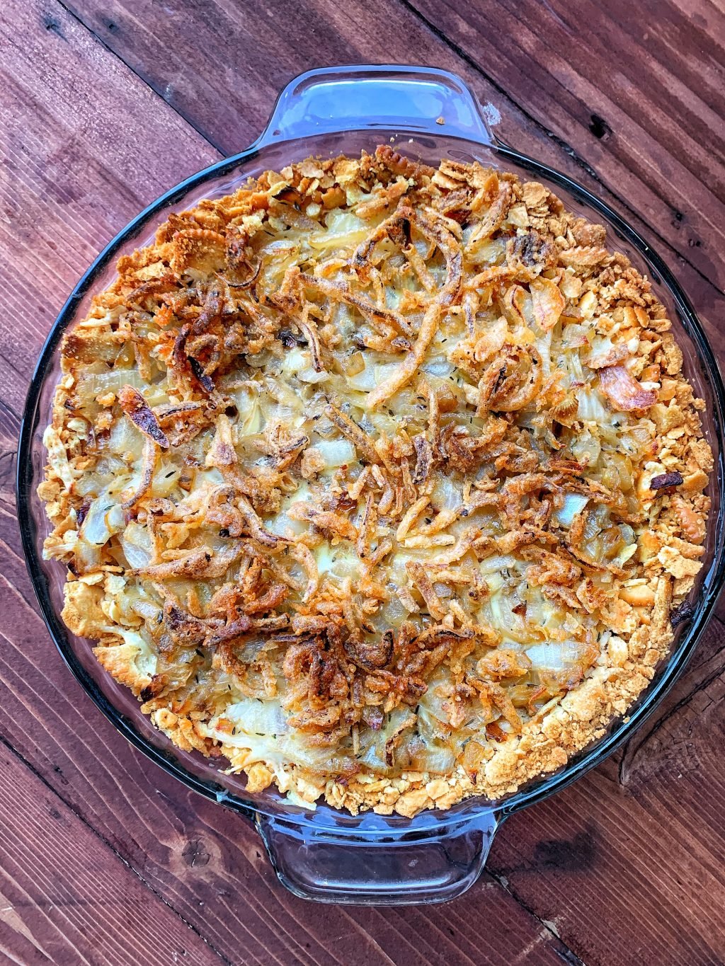 Creamy onion casserole with white cheddar cheese.