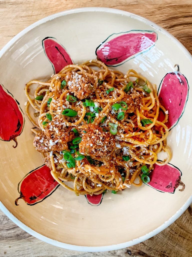Kung Pao Spahetti with Crispy Chicken