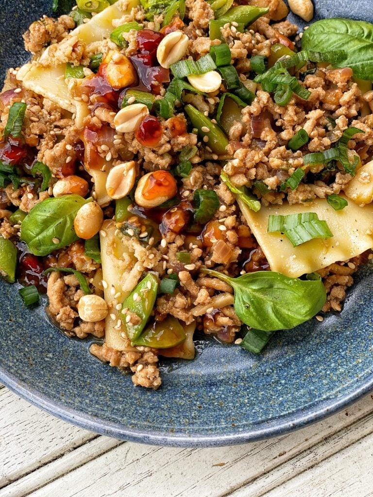 Deconstructed dumplings in a bowl