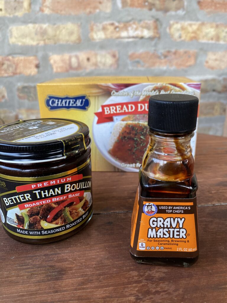 Ingredients for the soup, including Gravy Master, Better Than Bouillon Beef favor, and bread dumplings