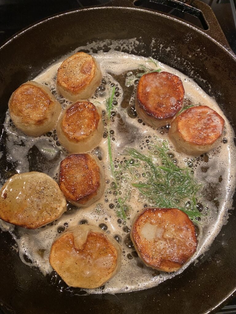 Pan fried fancy potatoes, seen from above