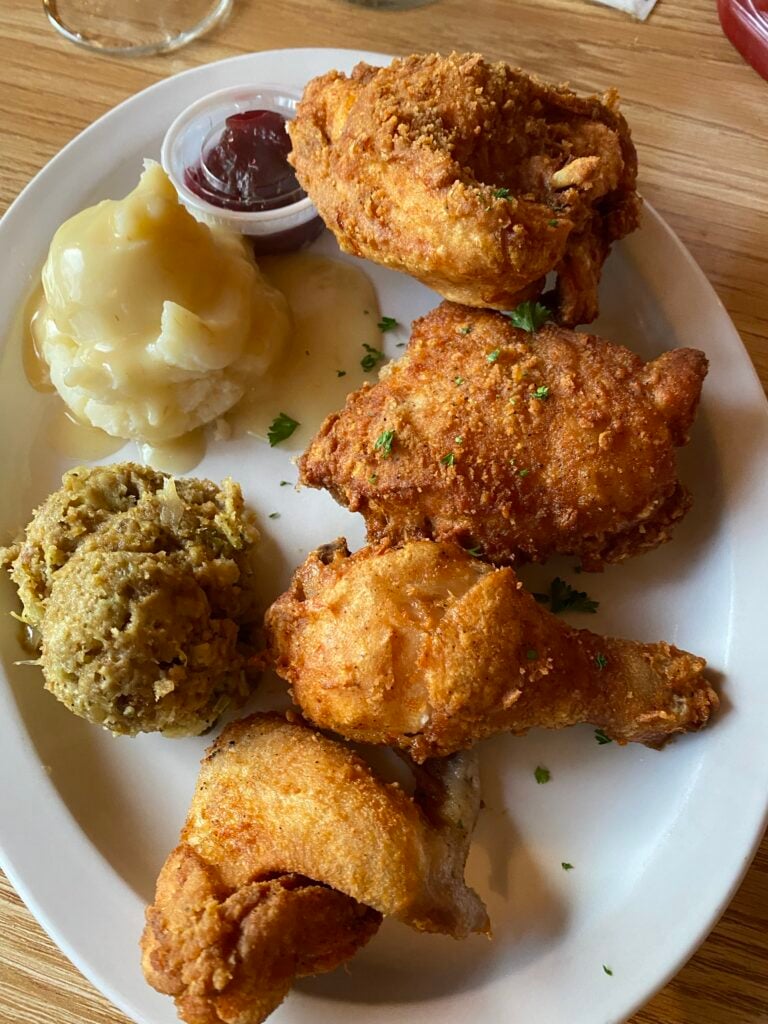 Fried chicken with mashed potatoes and stuffing