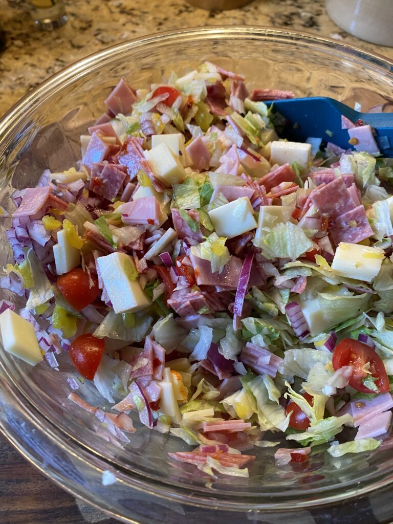 The chopped sub mix in a glass bowl