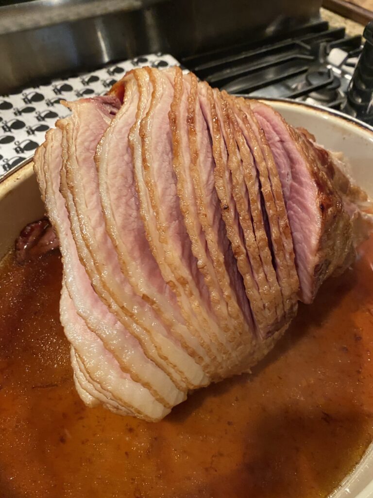 Sliced ham in a baking dish