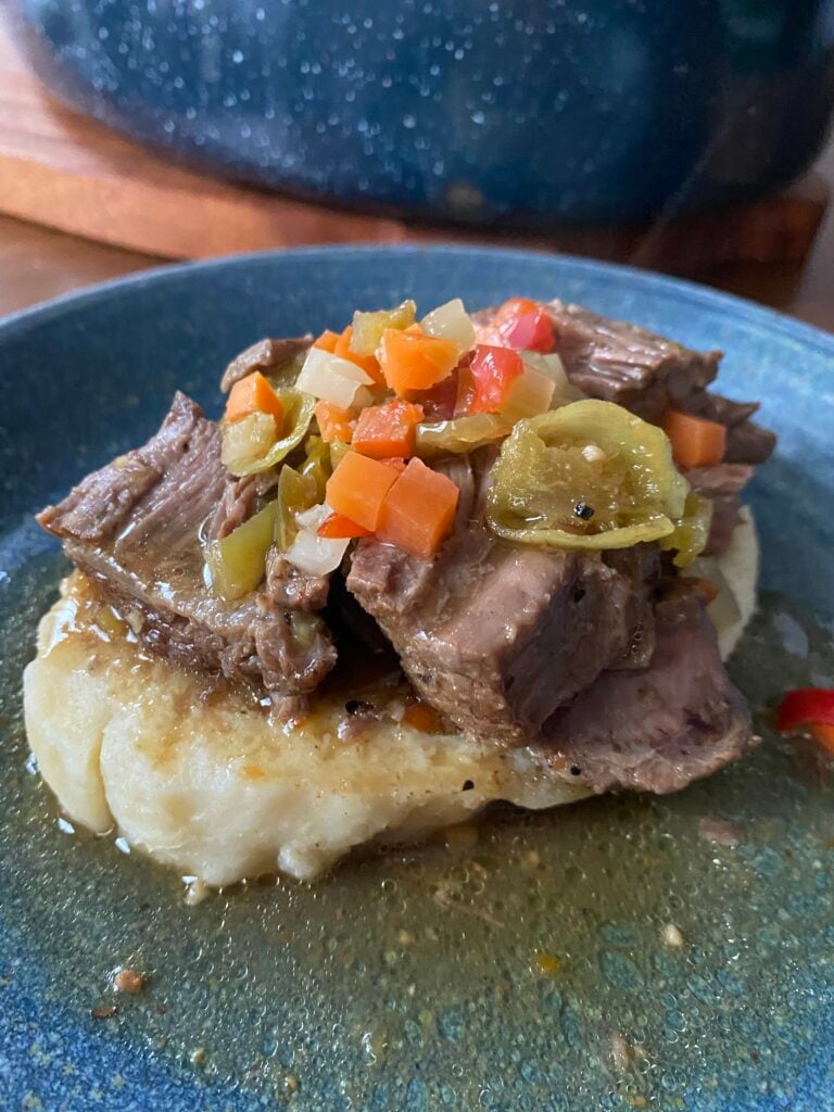 Italian beef on a bread dumpling
