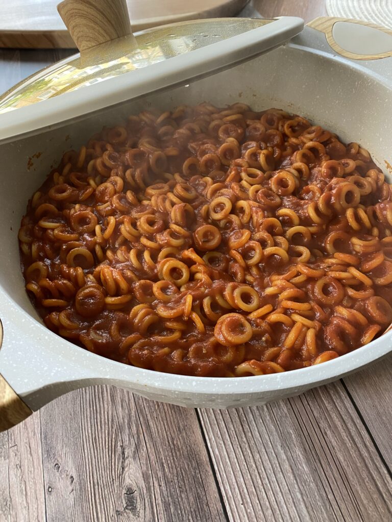 A pot of homemade Spaghetti os