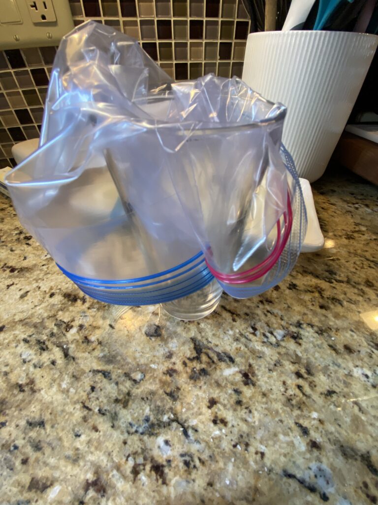 A Ziploc bag in a pint glass