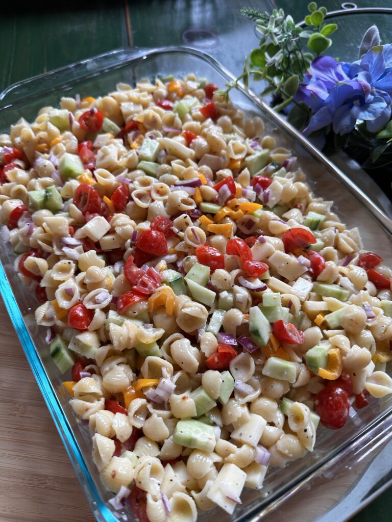 Pasta salad in a glass dish
