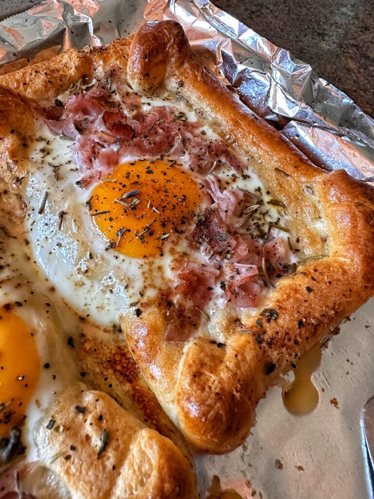 A close up of the finished Eggs Benedict Pasty