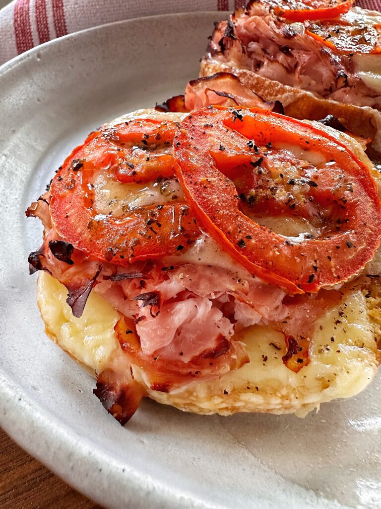 A super close up of the finished ham and cheese toasty