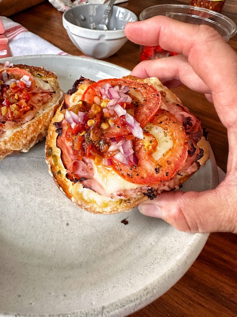 A close up of the finished toasty open faced ham sandwich