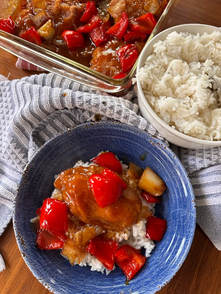 Sweet and sour chicken over rice