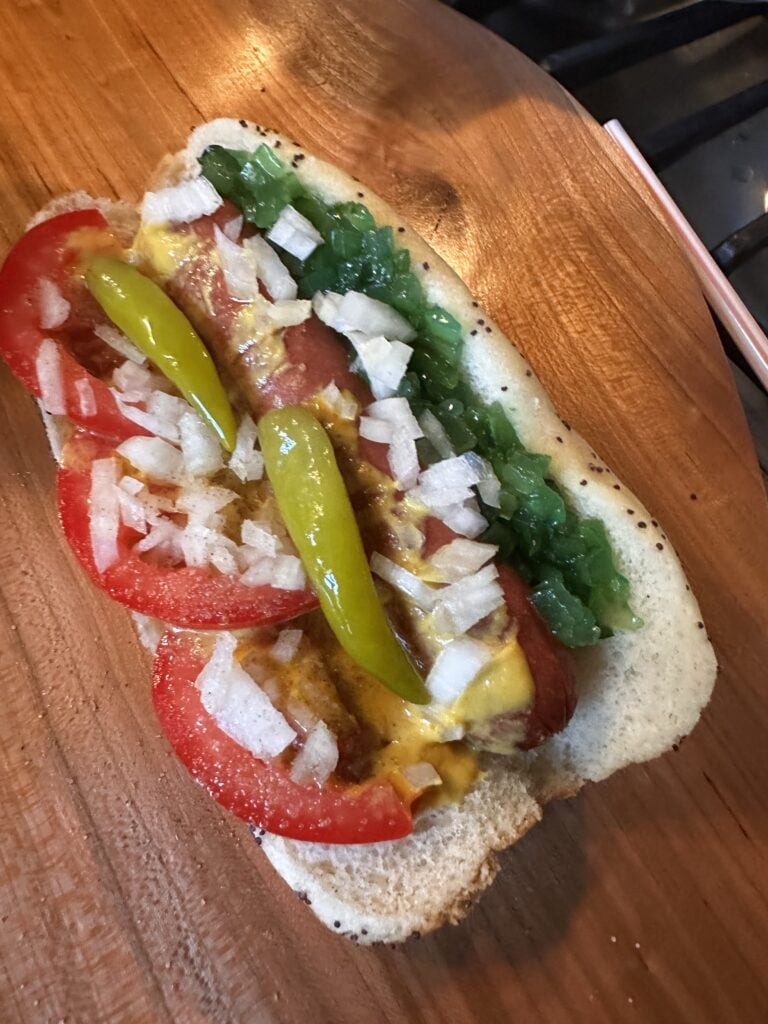 A Chicago hot dog with all the toppings except the pickle