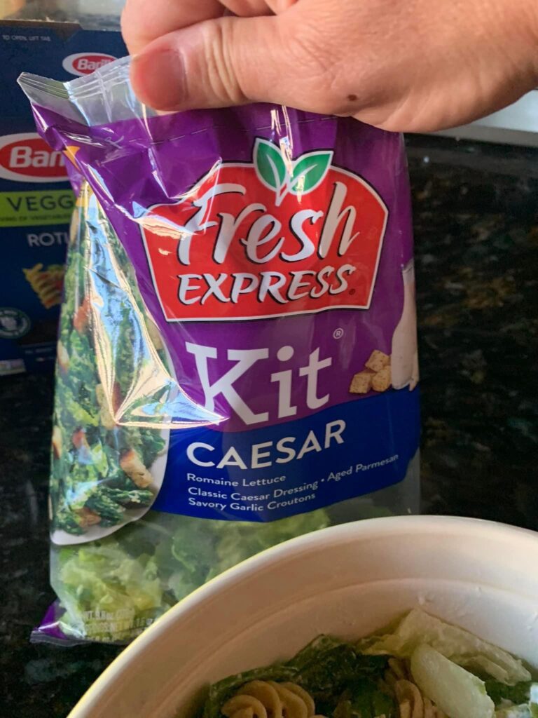 A bagged caesar salad kit