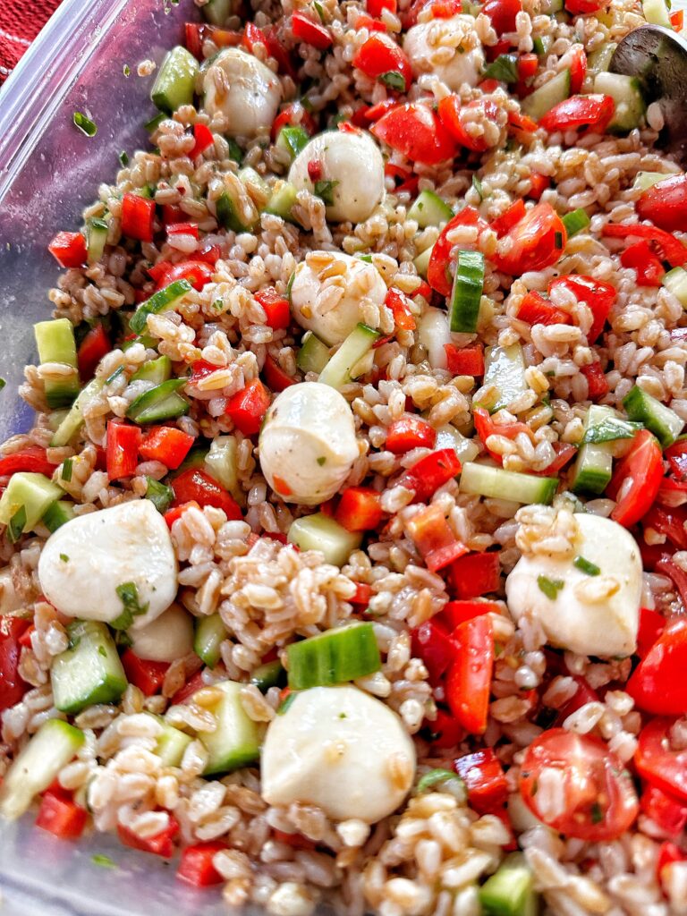 A close up of the farro salad