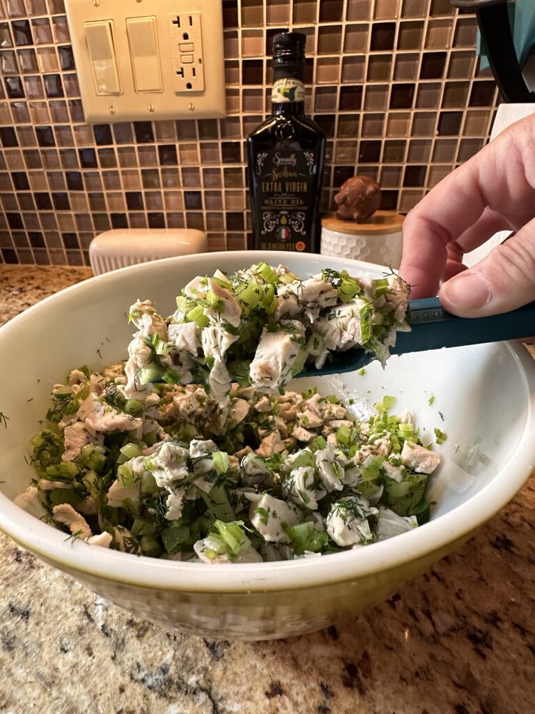 The chicken salad before mayo is added