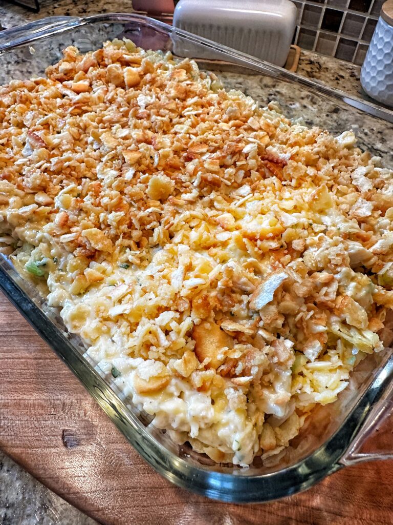 Baked chicken salad in a glass dish