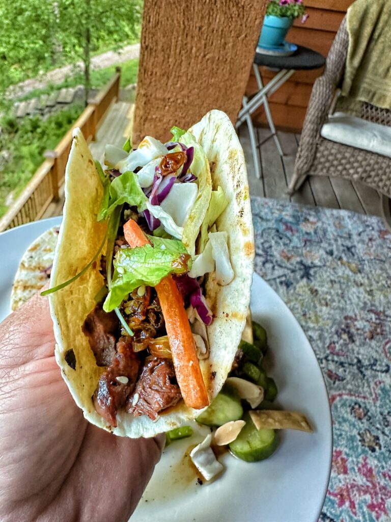 A beef taco being held up