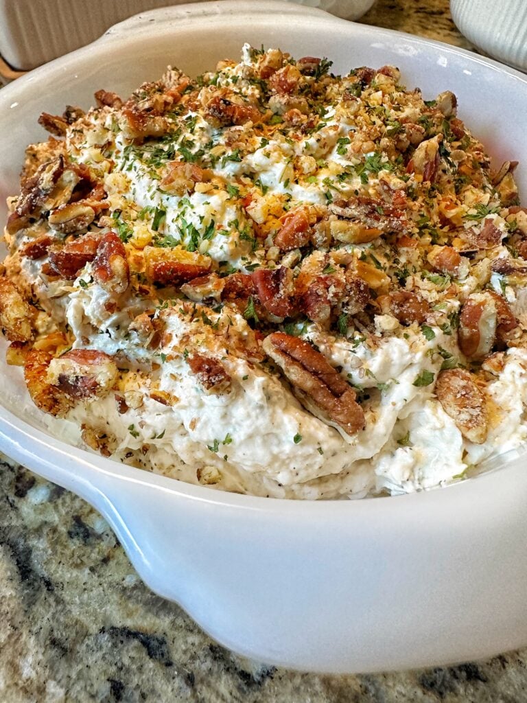 Retro chicken spread in a white dish