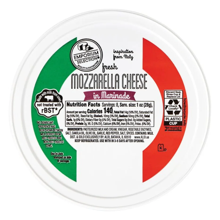 A container of mozzarella cheese.