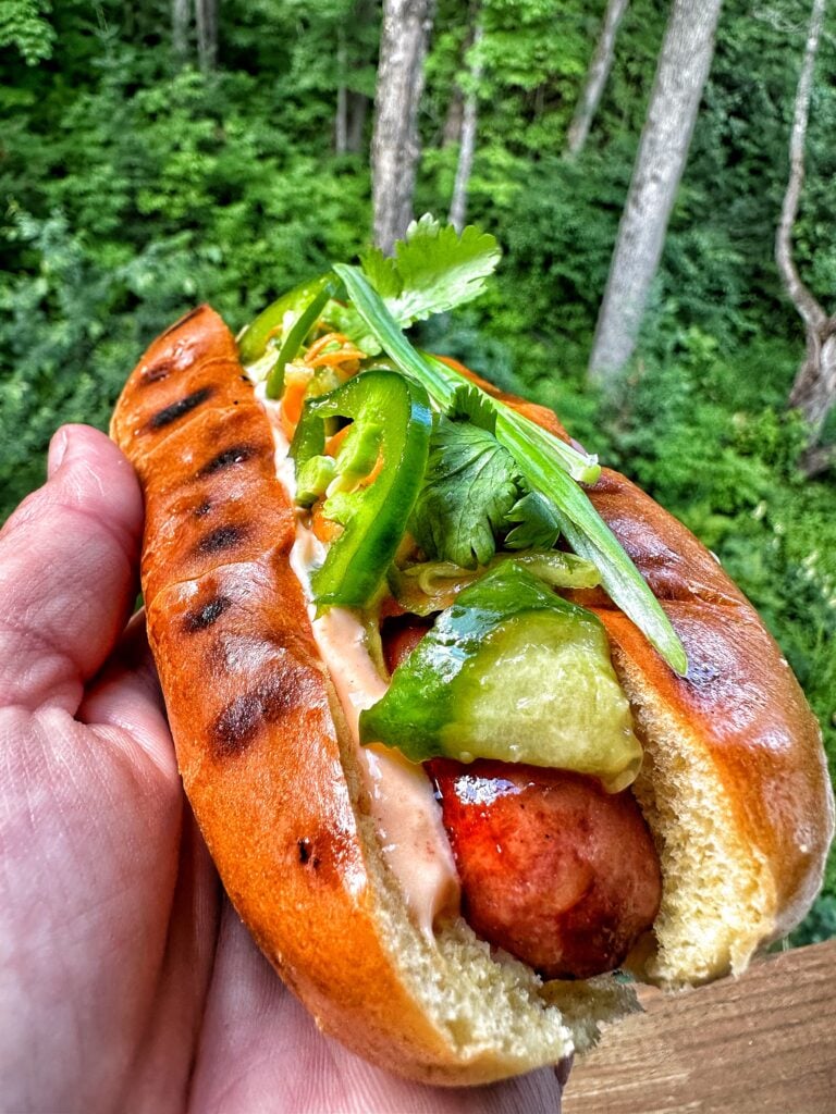 An Asian inspired hot dog with cucumbers, jalapenos and cilantro