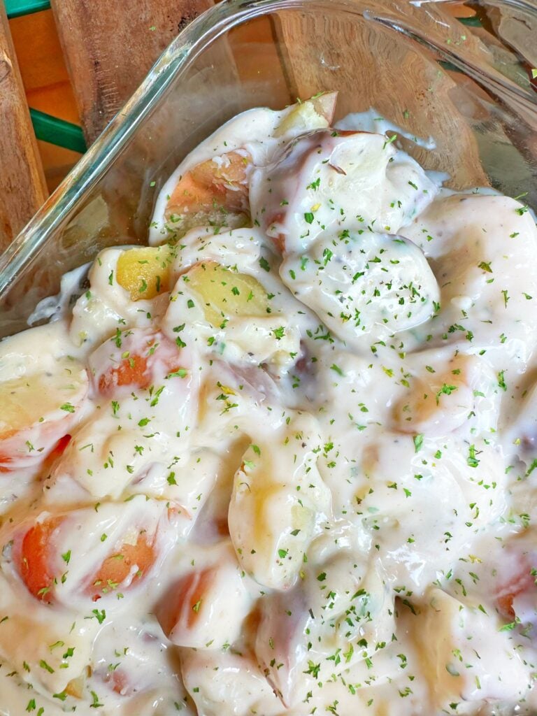Creamed potatoes in a glass baking dish