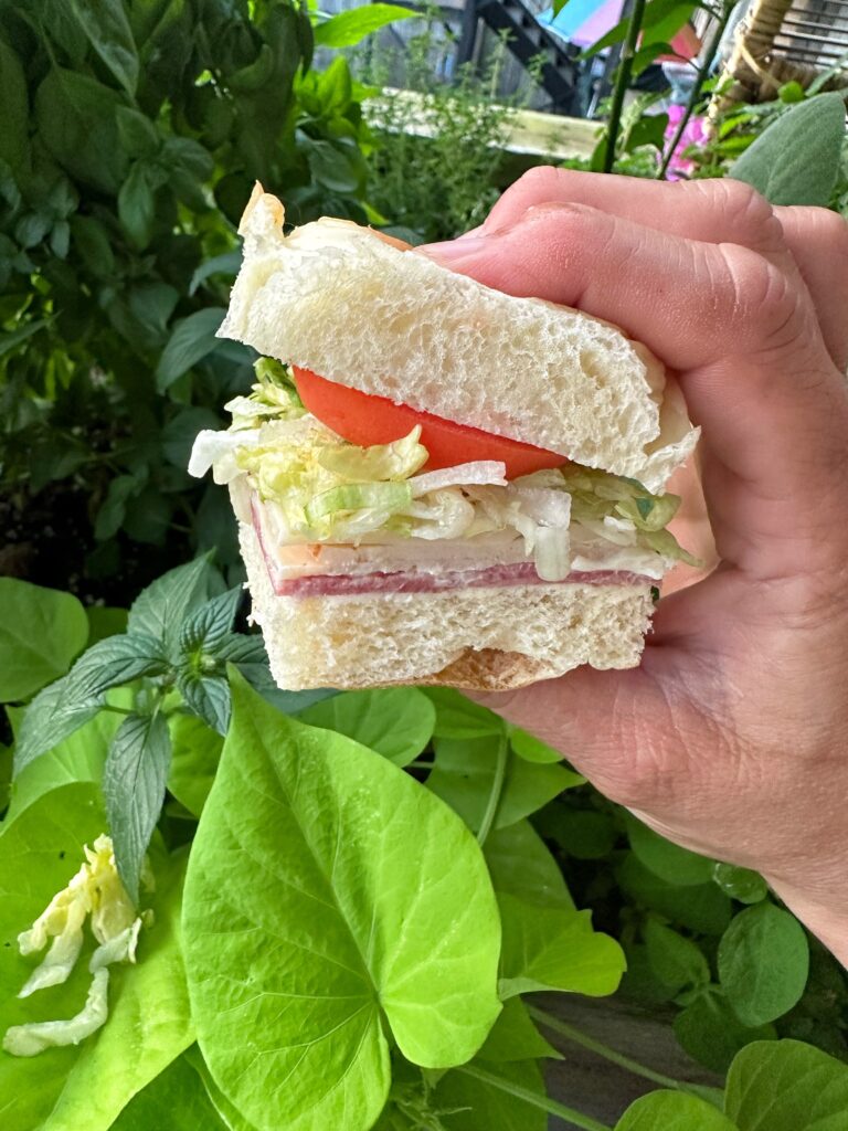 A close up of a finished boat bite sandwich