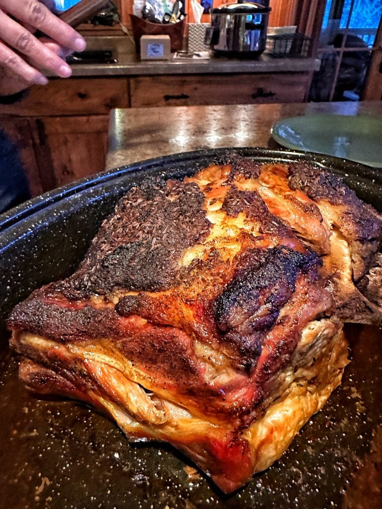 Pork roast in a speckled roaster