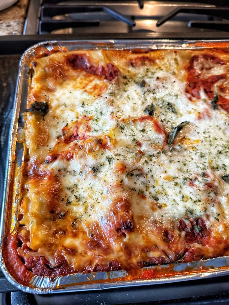 A close up of a finished lasagna