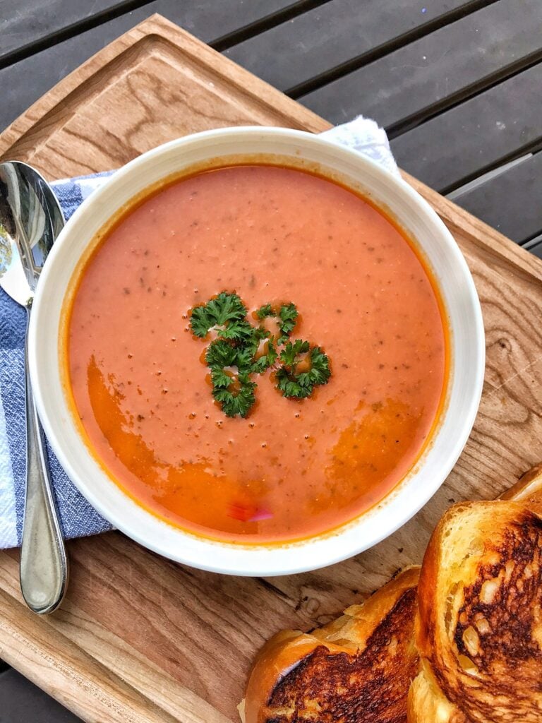 Tomato soup in a white bowl