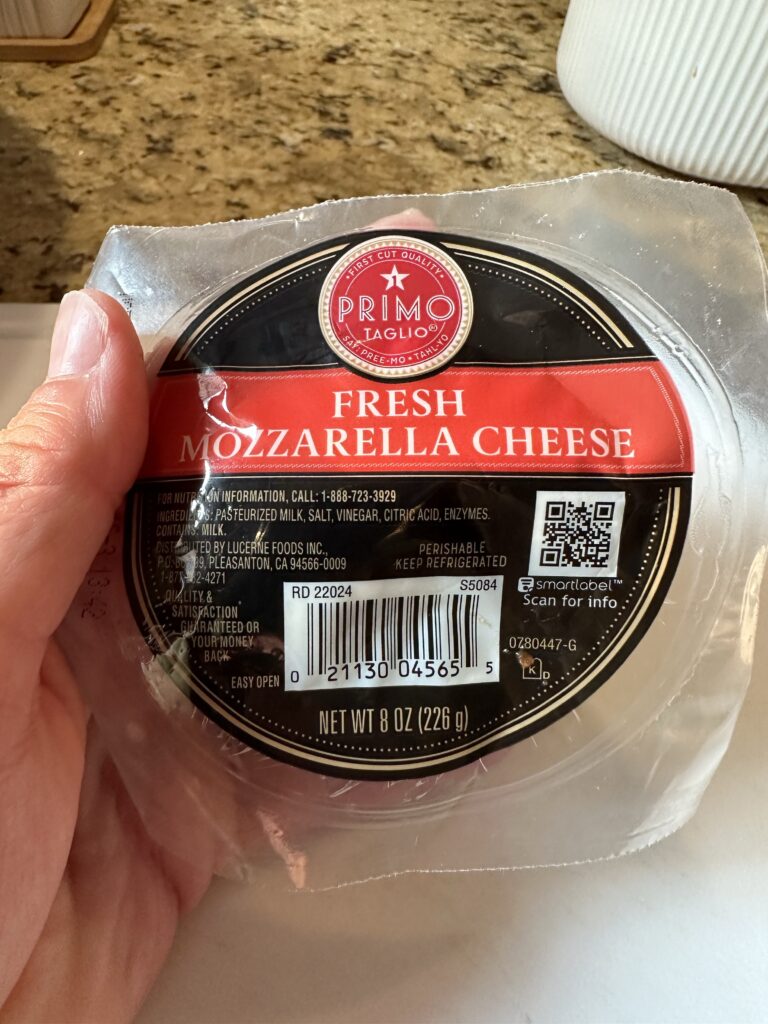 A package of mozzarella cheese