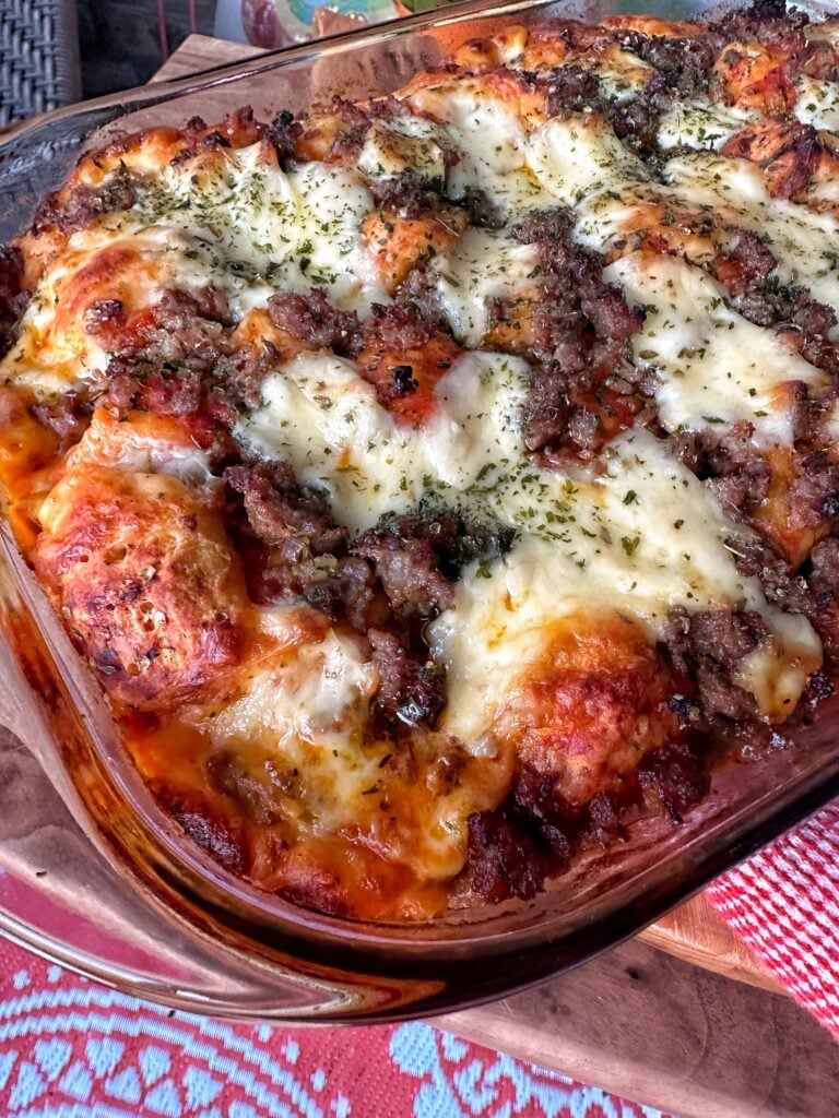 Puffy pizza in a glass baking dish