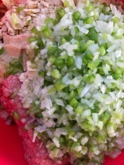Ground beef with minced onion and green pepper