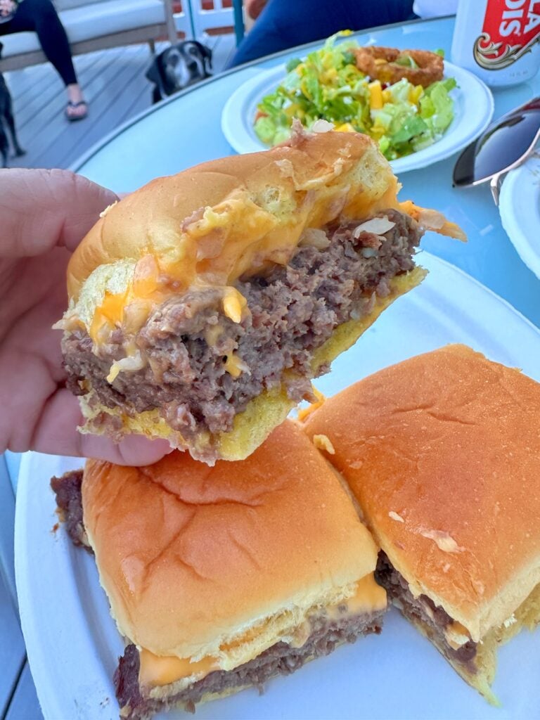 A close up of the homemade White Castle slider