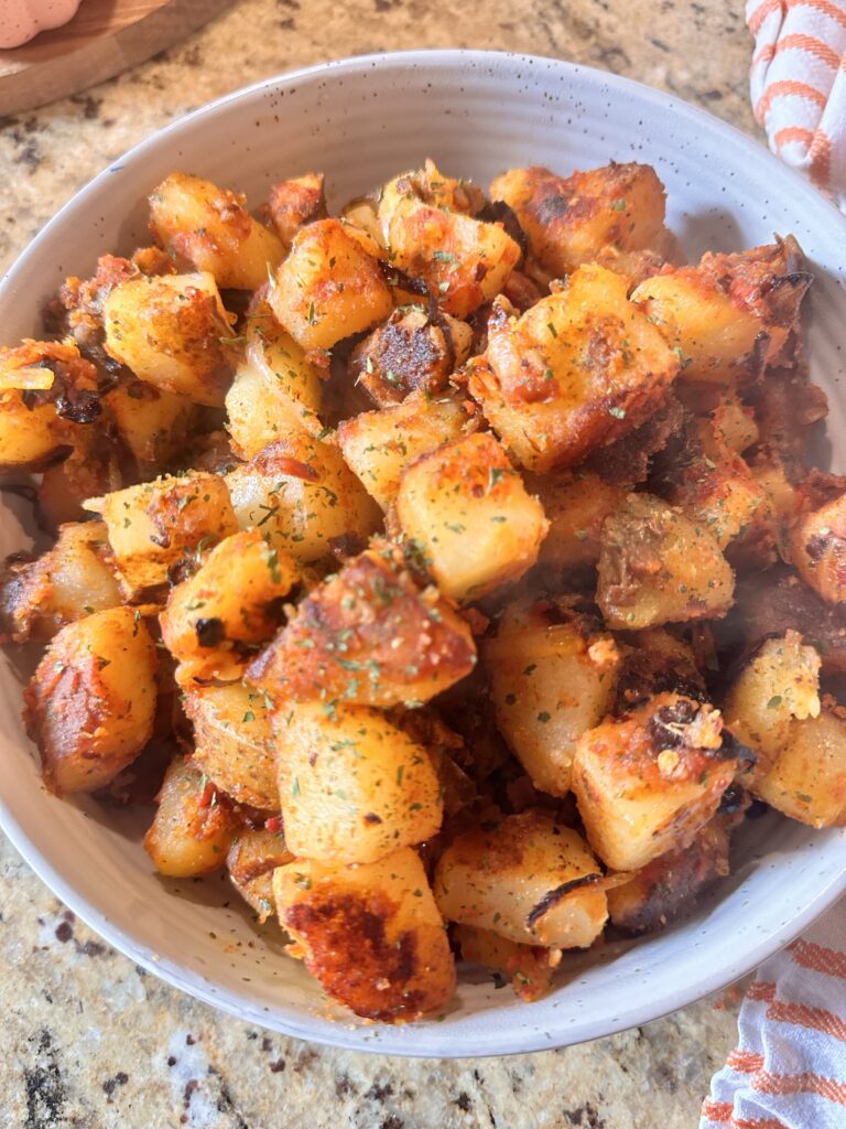 A close up of the finished tangy tomato potatoes.