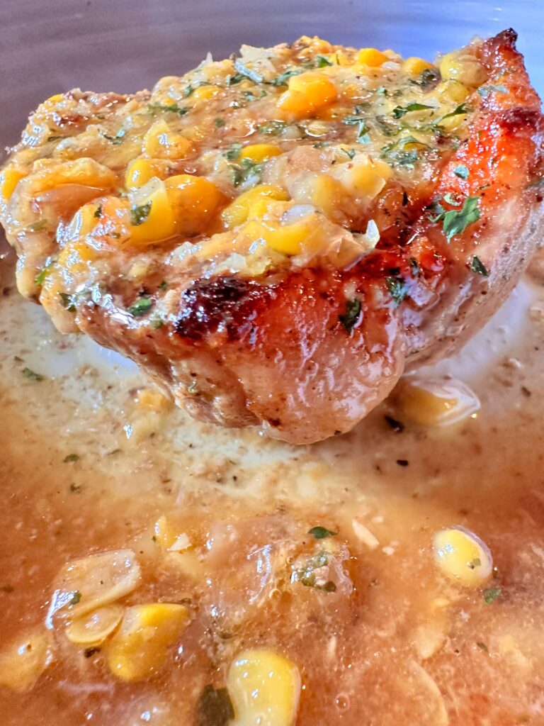 A close up of a finished pork chop surprise.