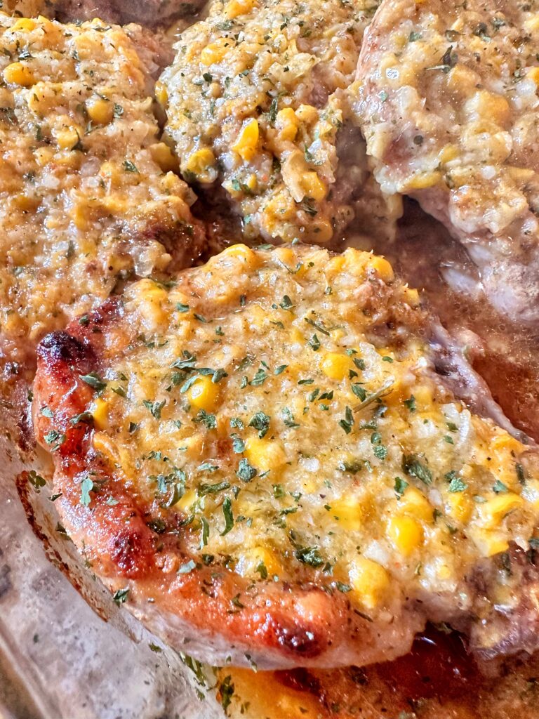 A close up of the finished pork chop surprise.