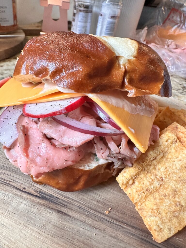 A close up of the finished roast beef sandwich.