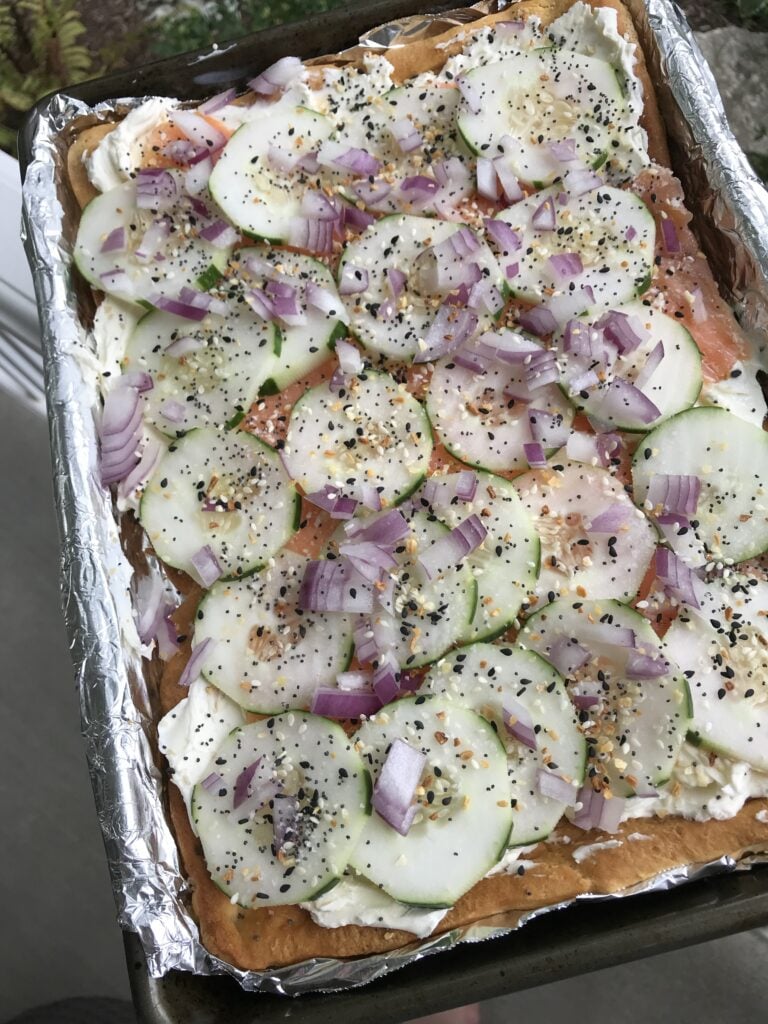 A pan of the Everything But the Bagel Flatbread